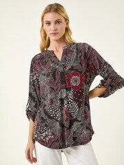 Roman Red Floral Puff Print Gathered Shirt - Image 4 of 5
