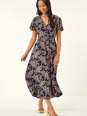 Roman Blue Petite Floral Shirred Midi Dress - Image 2 of 5