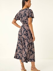 Roman Blue Petite Floral Shirred Midi Dress - Image 3 of 5