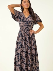 Roman Blue Petite Floral Shirred Midi Dress - Image 4 of 5
