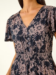 Roman Blue Petite Floral Shirred Midi Dress - Image 5 of 5