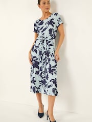 Roman Blue Petite Floral Tie Front Stretch Midi Dress - Image 1 of 5