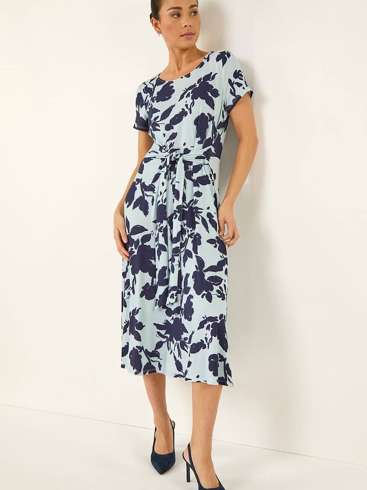 Roman Blue Petite Floral Tie Front Stretch Midi Dress - Image 1 of 5 Roman Blue Petite Floral Tie Front Stretch Midi Dress - Image 1 of 5