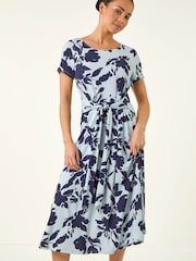 Roman Blue Petite Floral Tie Front Stretch Midi Dress - Image 2 of 5