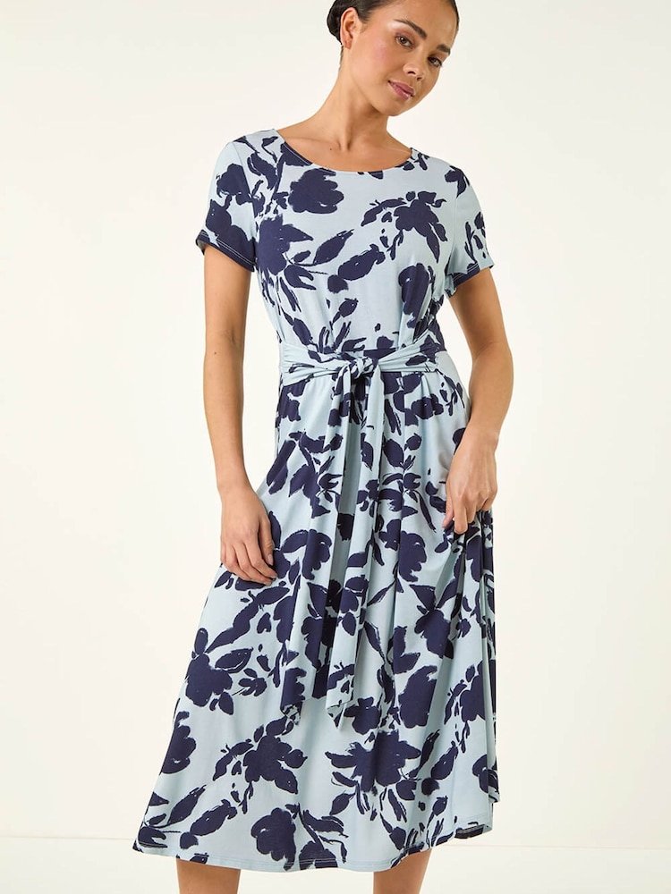 Roman Blue Petite Floral Tie Front Stretch Midi Dress - Image 2 of 5 Roman Blue Petite Floral Tie Front Stretch Midi Dress - Image 2 of 5