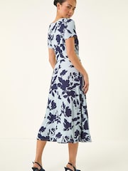 Roman Blue Petite Floral Tie Front Stretch Midi Dress - Image 3 of 5