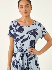 Roman Blue Petite Floral Tie Front Stretch Midi Dress - Image 4 of 5