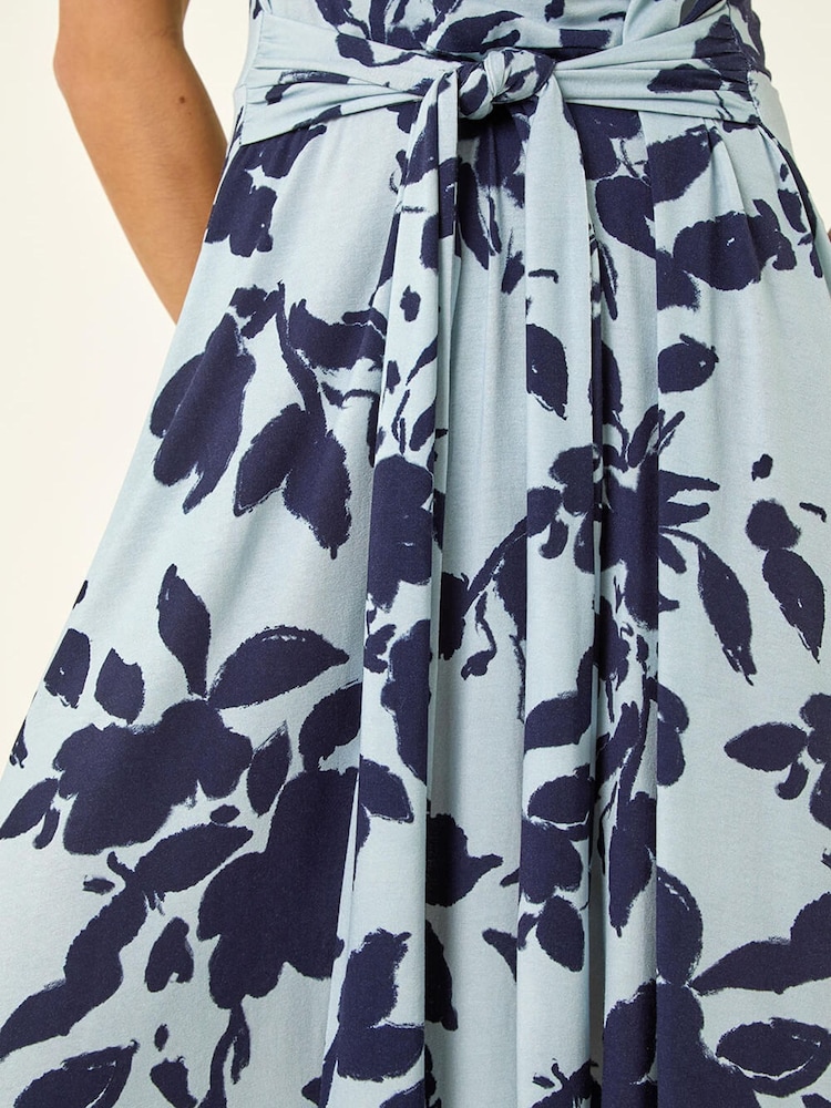Roman Blue Petite Floral Tie Front Stretch Midi Dress - Image 5 of 5 Roman Blue Petite Floral Tie Front Stretch Midi Dress - Image 5 of 5