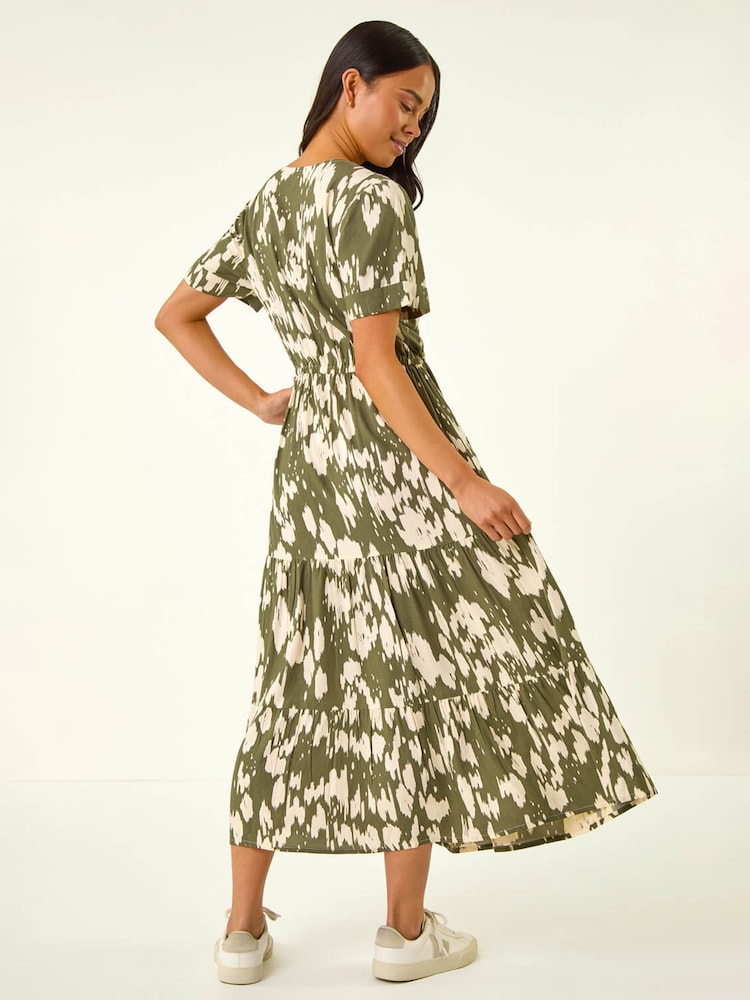 Roman Green Petite Abstract Print Tiered Midi Dress - Image 1 of 5