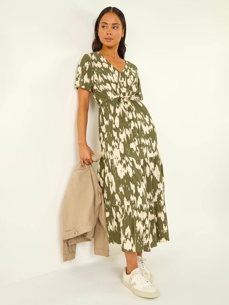 Roman Green Petite Abstract Print Tiered Midi Dress - Image 2 of 5