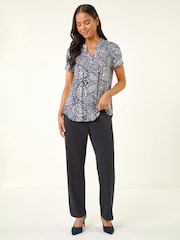 Roman Blue Petite Abstract Print Button Stretch Top - Image 2 of 5