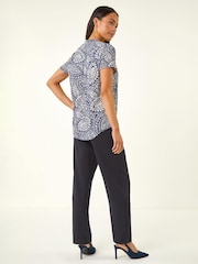 Roman Blue Petite Abstract Print Button Stretch Top - Image 3 of 5