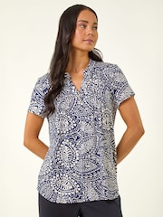 Roman Blue Petite Abstract Print Button Stretch Top - Image 4 of 5