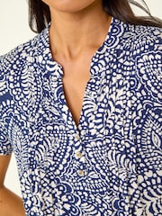 Roman Blue Petite Abstract Print Button Stretch Top - Image 5 of 5