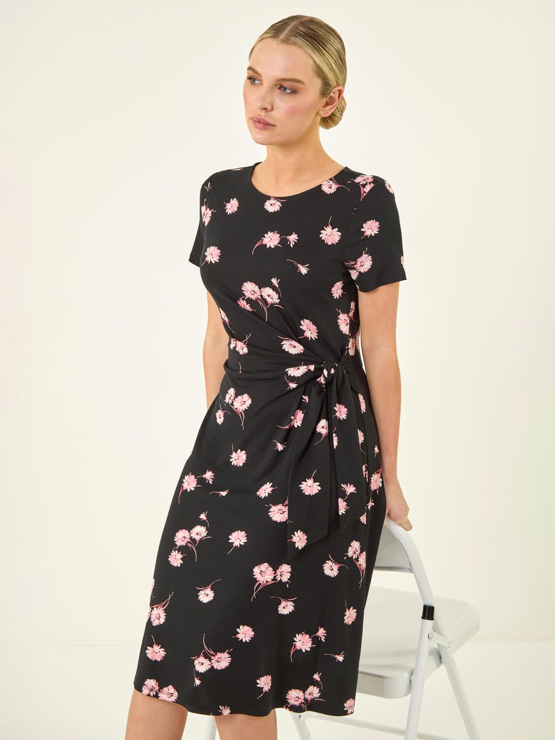 Roman Women's Black Petite Floral Side Tie Midi Dress - Image 1
