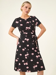 Roman Black Petite Floral Side Tie Midi Dress - Image 2 of 5
