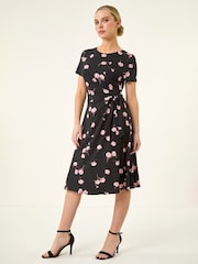 Roman Black Petite Floral Side Tie Midi Dress - Image 3 of 5