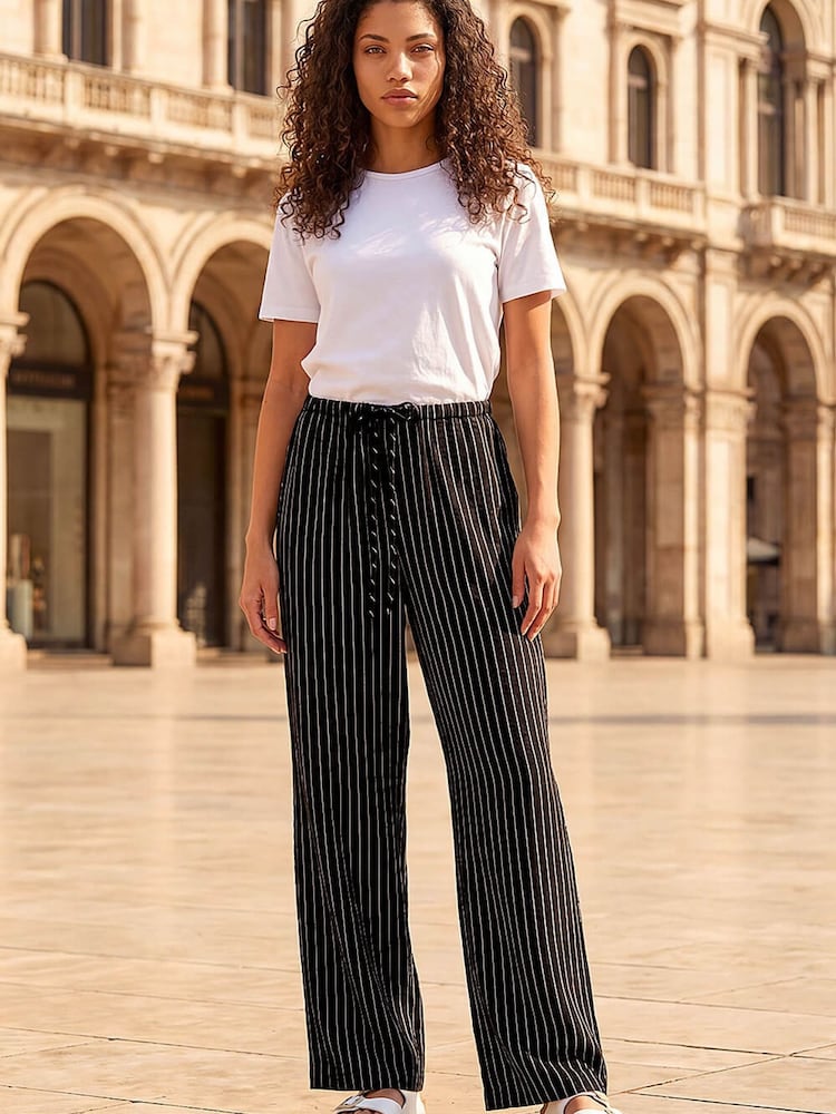 Roman Black Petite Stripe Pull On Stretch Trousers - Image 1 of 5