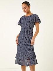 Roman Blue Petite Spot Frill Hem Dress - Image 4 of 5
