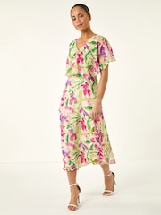 Roman White Petite Leaf Side Ruched Midi Dress - Image 1 of 5