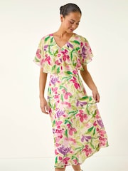 Roman White Petite Leaf Side Ruched Midi Dress - Image 2 of 5