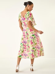 Roman White Petite Leaf Side Ruched Midi Dress - Image 3 of 5