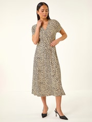 Roman Natural Petite Animal Print Tie Waist Dress - Image 2 of 5