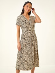 Roman Natural Petite Animal Print Tie Waist Dress - Image 3 of 5