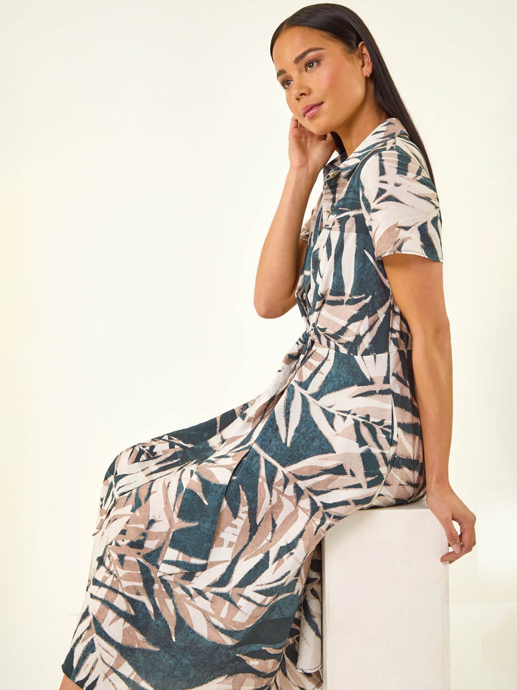 Roman Women's Black Petite Leaf Print Tie Midi Dress