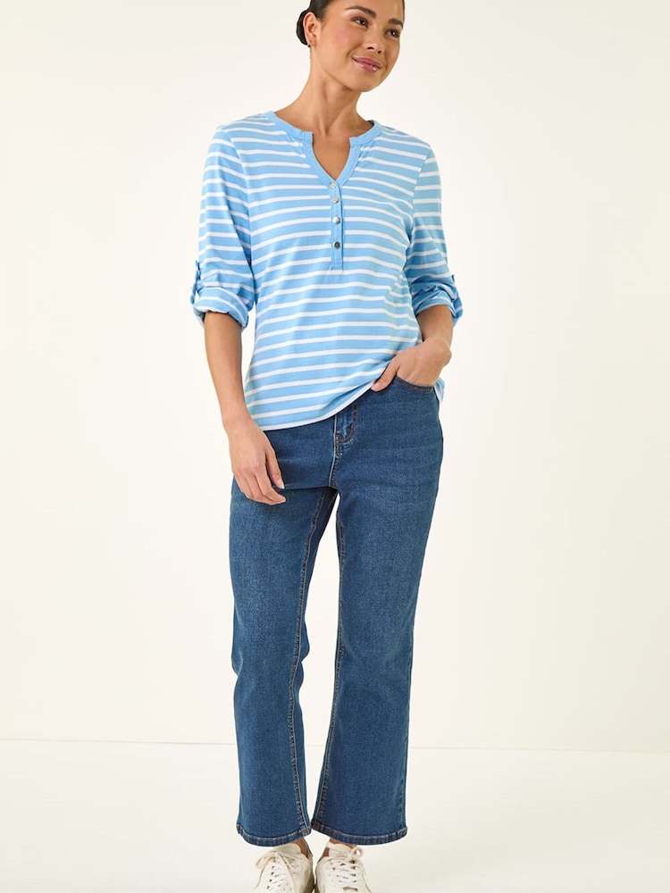Roman White/Blue Petite Stripe V-Neck Button Top - Image 2 of 5