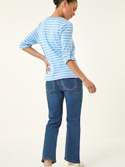Roman White/Blue Petite Stripe V-Neck Button Top - Image 3 of 5