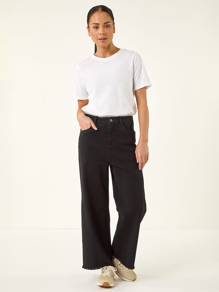 Roman Black Petite Cotton Frayed Hem Trousers - Image 2 of 5