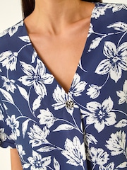 Roman Blue Petite Floral Print Button Top - Image 6 of 6