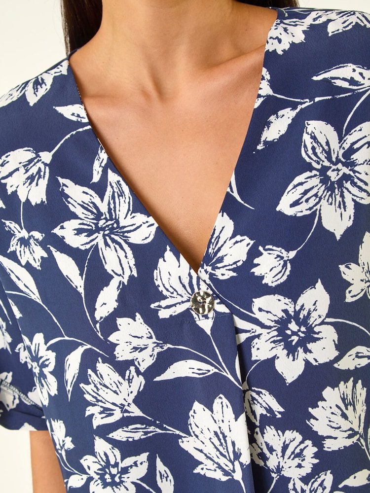 Roman Blue Petite Floral Print Button Top - Image 6 of 6