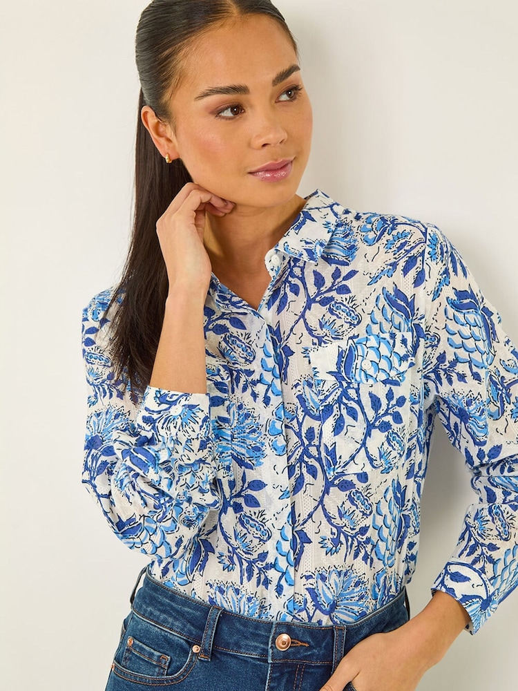 Roman Blue Petite Floral Embroidered Blouse - Image 1 of 5 Roman Blue Petite Floral Embroidered Blouse - Image 1 of 5