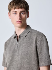 Καφετί - Herringbone Zip Neck Polo Shirt - Εικόνα 1 από 10