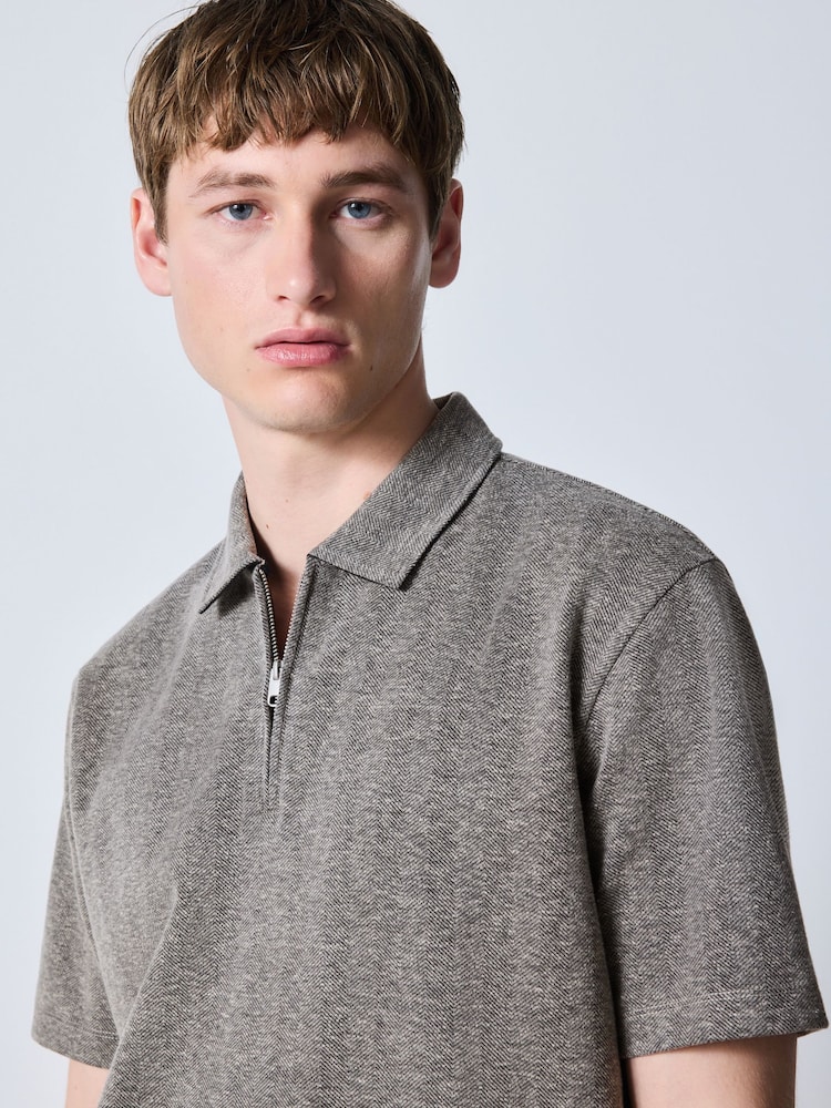 Καφετί - Herringbone Zip Neck Polo Shirt - Εικόνα 1 από 10