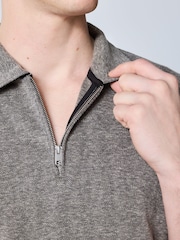 Καφετί - Herringbone Zip Neck Polo Shirt - Εικόνα 6 από 10