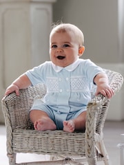 Emile Et Rose Blue Lawrence Romper with Mock Smock Embroidered Panel & Collar - Image 1 of 4