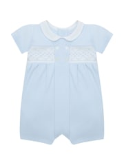 Emile Et Rose Blue Lawrence Romper with Mock Smock Embroidered Panel & Collar - Image 2 of 4
