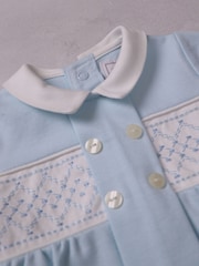 Emile Et Rose Blue Lawrence Romper with Mock Smock Embroidered Panel & Collar - Image 4 of 4