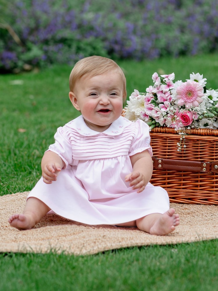 Emile Et Rose Pink Lucia Dress with Pleated Yoke & Embroidered Floral Scallop Collar - Image 1 of 4