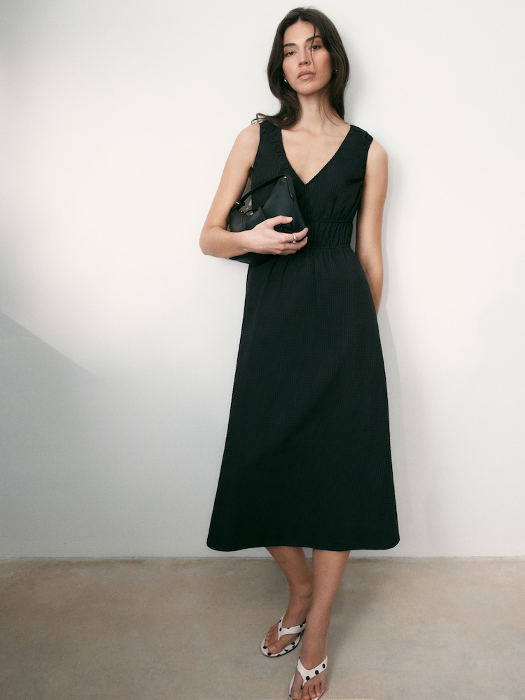 BHOEM Black Seersucker Waisted Midi Sleeveless Dress - Image 1 of 4