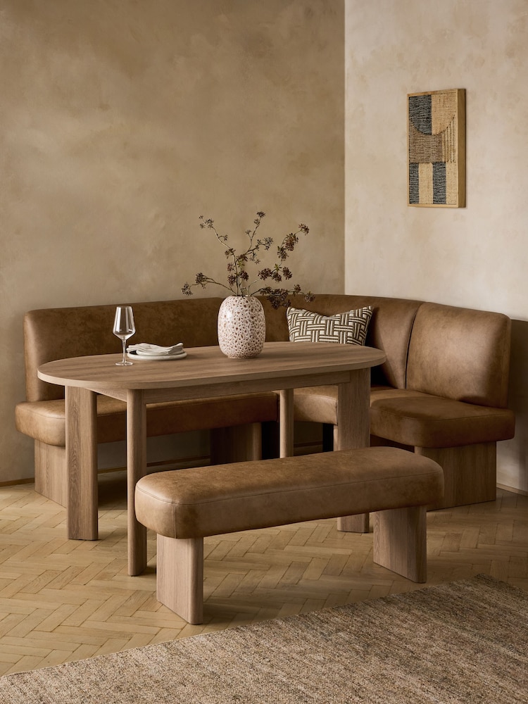 Easton Faux Leather Tan Brown Right Hand Corner Dining Table and Bench Set - Image 1 of 10 Easton Faux Leather Tan Brown Right Hand Corner Dining Table and Bench Set - Image 1 of 10