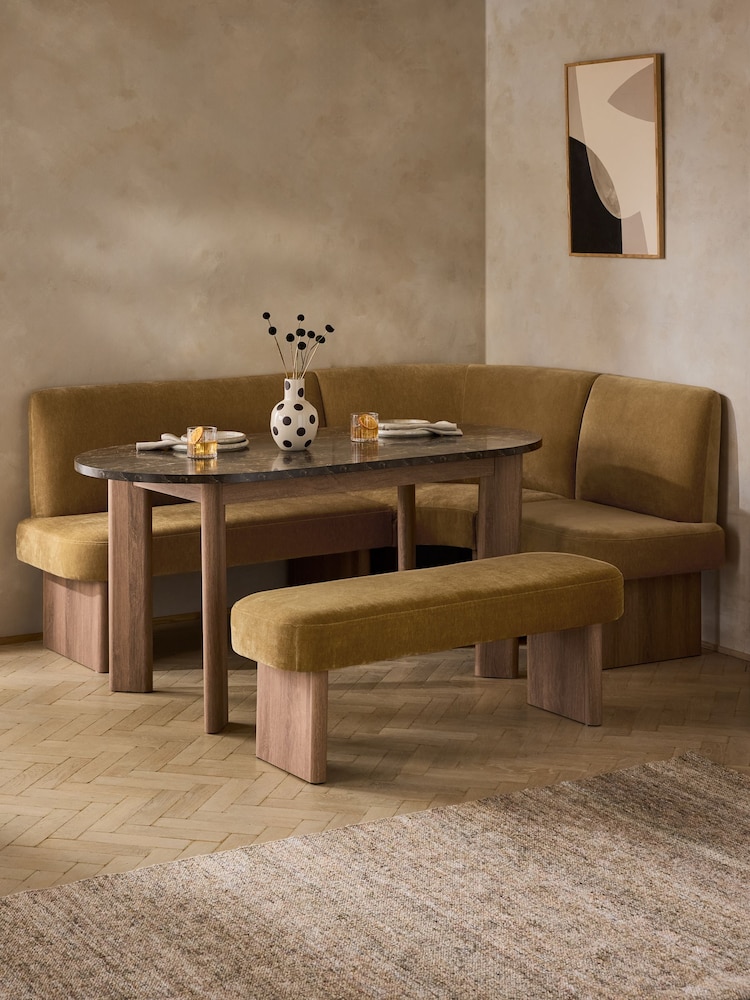 Relaxed Chenille Dark Ochre Yellow Right Hand Corner Dining Table and Bench Set - Image 1 of 9 Relaxed Chenille Dark Ochre Yellow Right Hand Corner Dining Table and Bench Set - Image 1 of 9