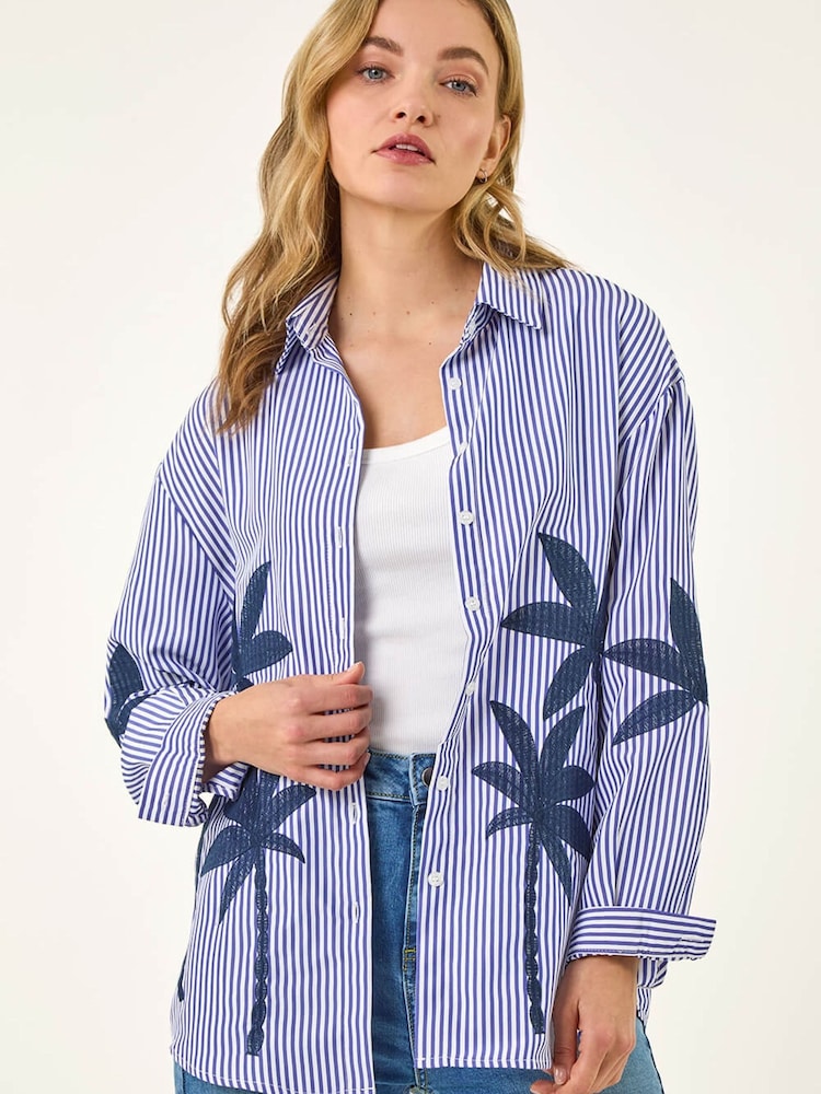 Roman Blue Palm Embroidered Shirt - Image 1 of 5 Roman Blue Palm Embroidered Shirt - Image 1 of 5
