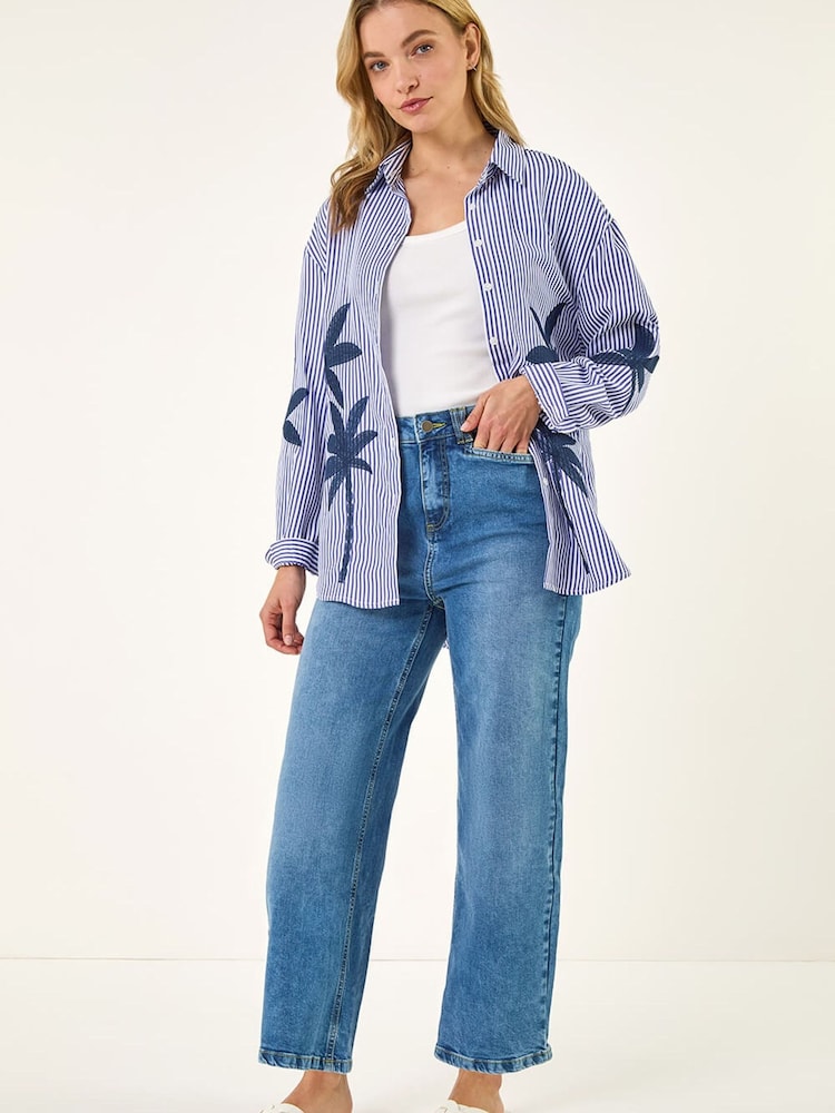 Roman Blue Palm Embroidered Shirt - Image 2 of 5 Roman Blue Palm Embroidered Shirt - Image 2 of 5