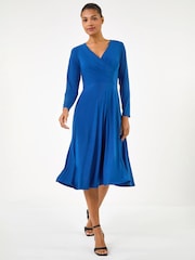 Roman Brown Wrap Bodice Tie Waist Midi Dress - Image 1 of 5