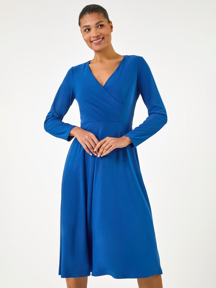 Roman Brown Wrap Bodice Tie Waist Midi Dress - Image 2 of 5