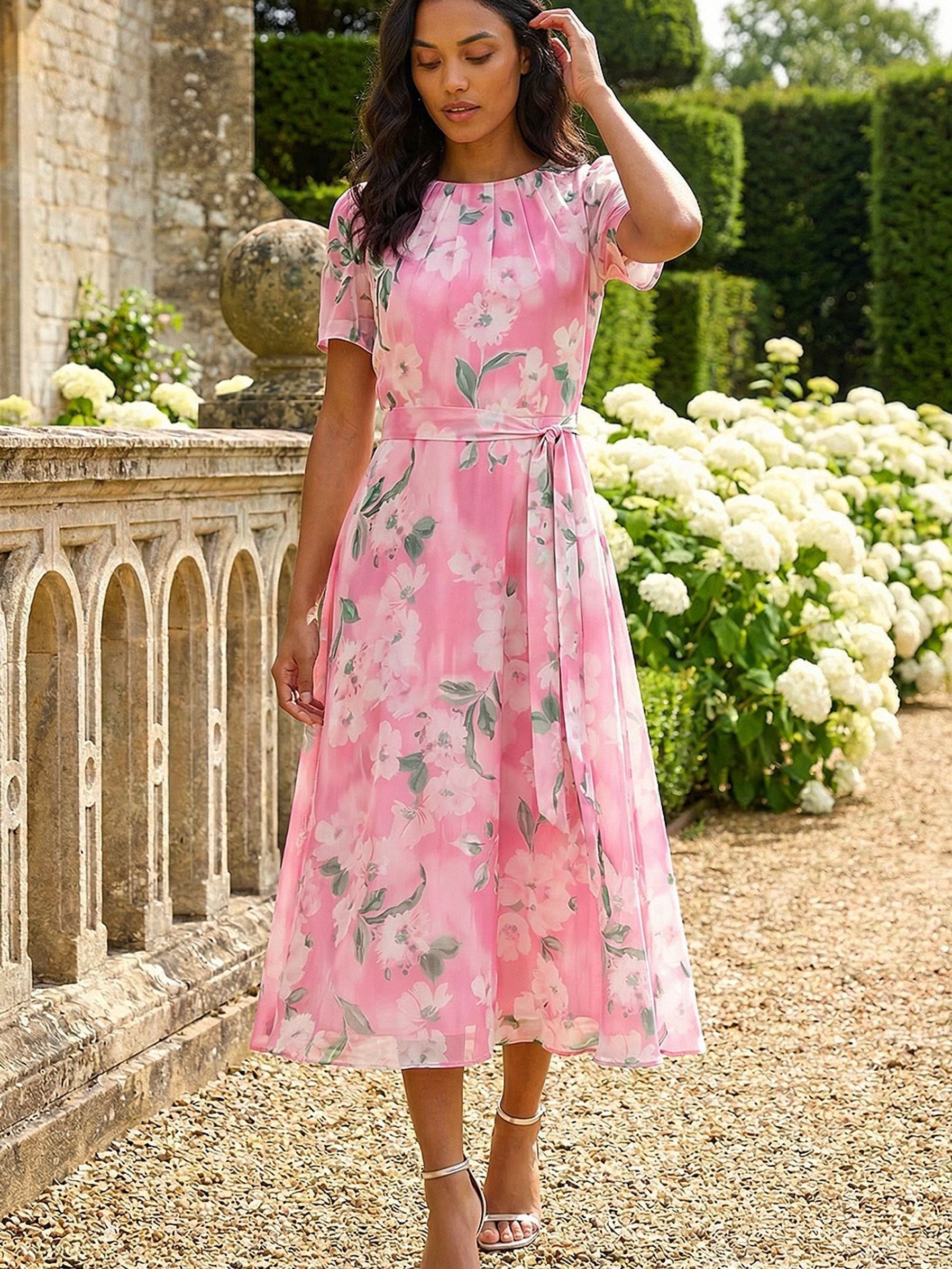 Buy Roman Pink Floral Print Pleat Neck Midi Dress from Next Oman